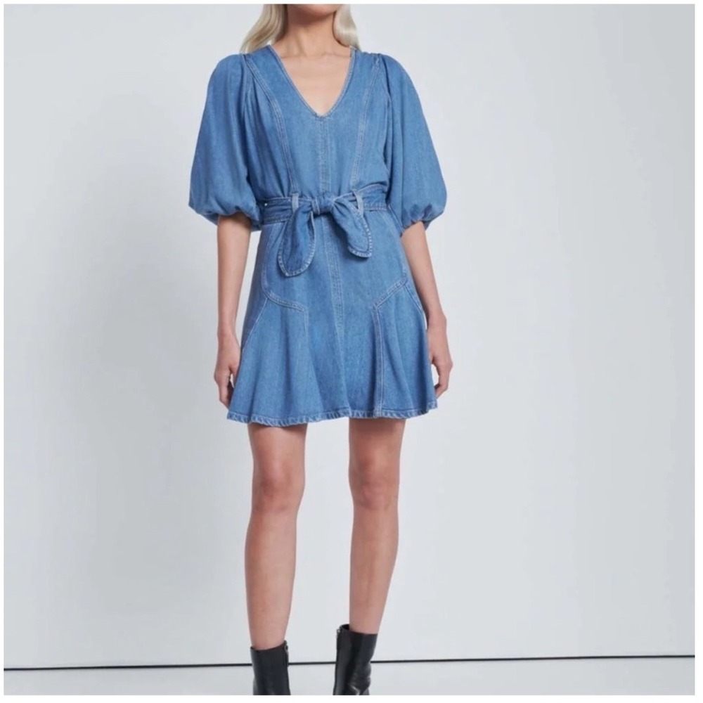 7 For All Mankind Puff Sleeve Denim Mini Dress Medium Wash Blue Size L